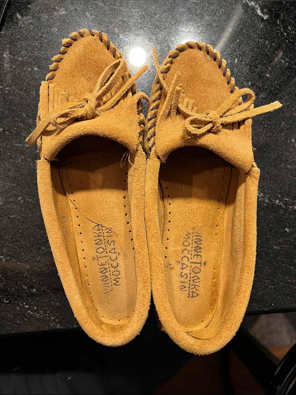 Minnetonka Suede Kilty Hardsole Moccasins - Tan